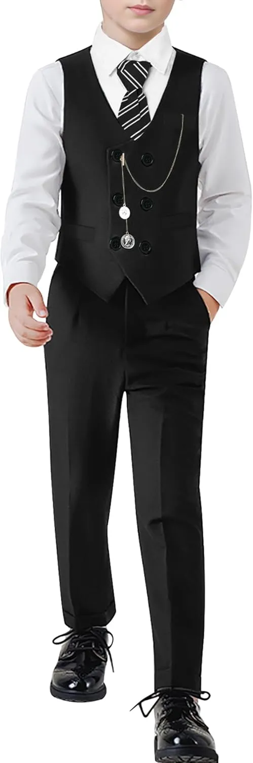 ZOEREA Boys Suit Formal Dress Clothes Big Boy Wedding Outfit Vest Pants Dress Shirt Chain Adjustable Tie 6-10Y
