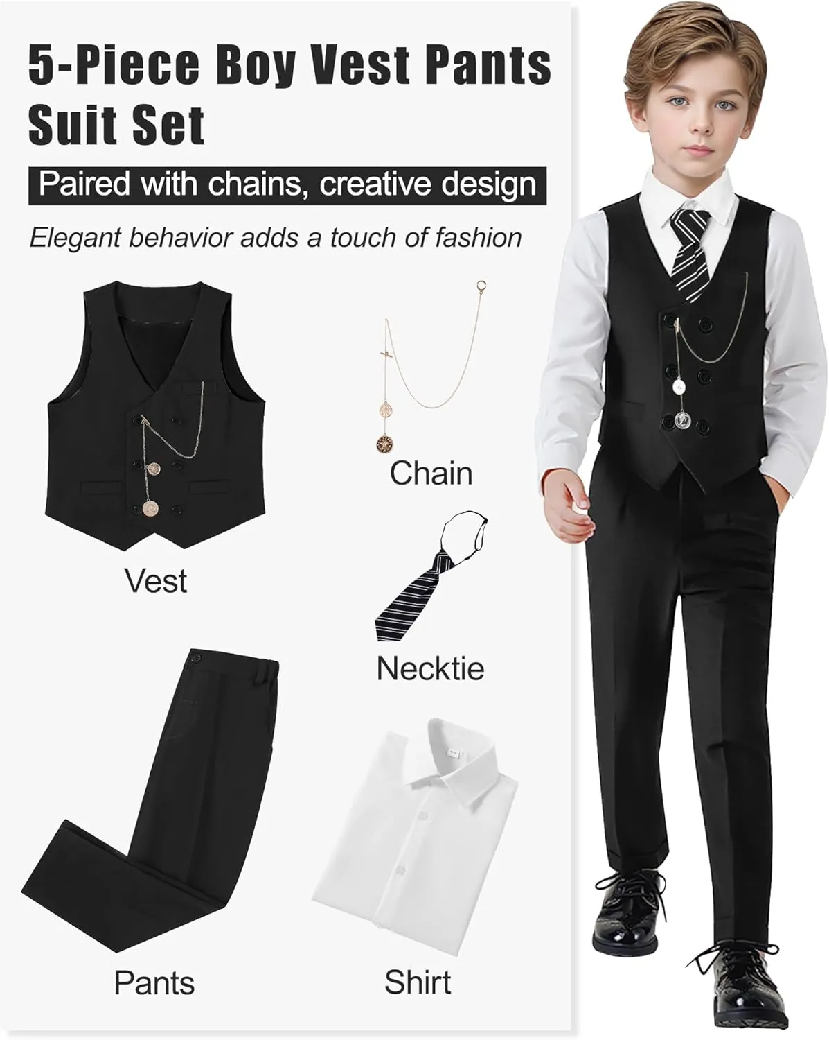 ZOEREA Boys Suit Formal Dress Clothes Big Boy Wedding Outfit Vest Pants Dress Shirt Chain Adjustable Tie 6-10Y