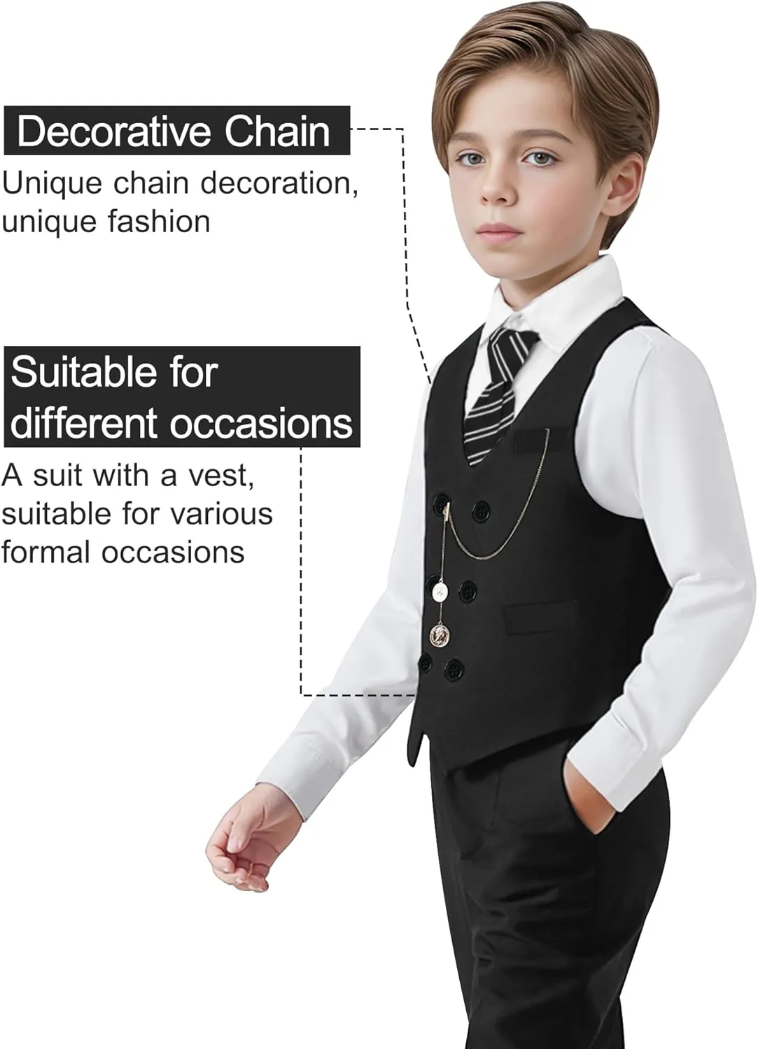 ZOEREA Boys Suit Formal Dress Clothes Big Boy Wedding Outfit Vest Pants Dress Shirt Chain Adjustable Tie 6-10Y